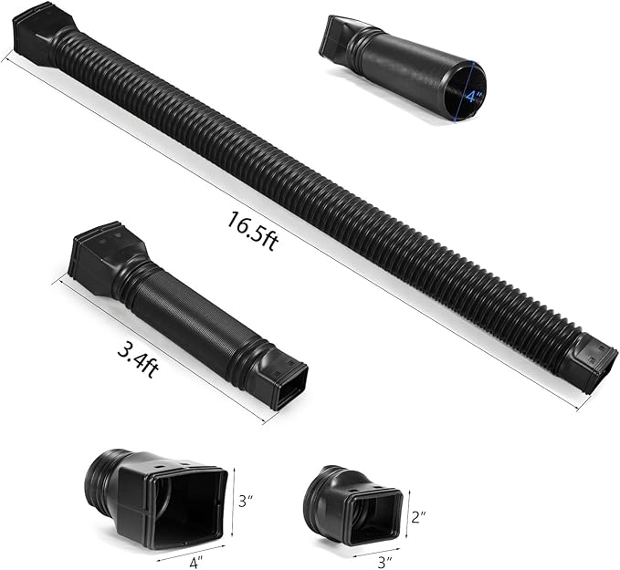 plusgutter 16.5ft Long Gutter Downspout Extensions Flexible, 4" Diameter Drain Downspout Extender, Down Spout Drain Extender for Rainwater Drainage, Extendable from 3.4ft to 16.5ft(1Pack Black)