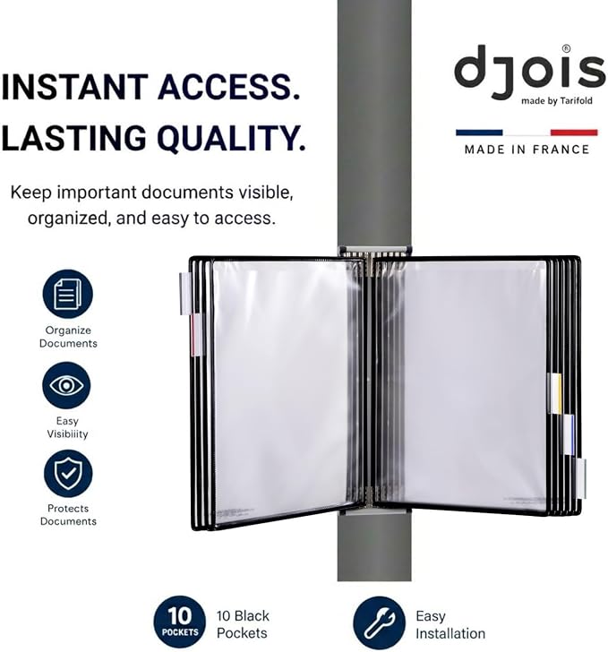 Tarifold Wall Mount Reference Display System, 10 Pockets, Expandable, Black | 10 double-sided PVC pockets, holds 20 letter-size sheets, sturdy wall mount bracket, snap-on index tabs, easy to install