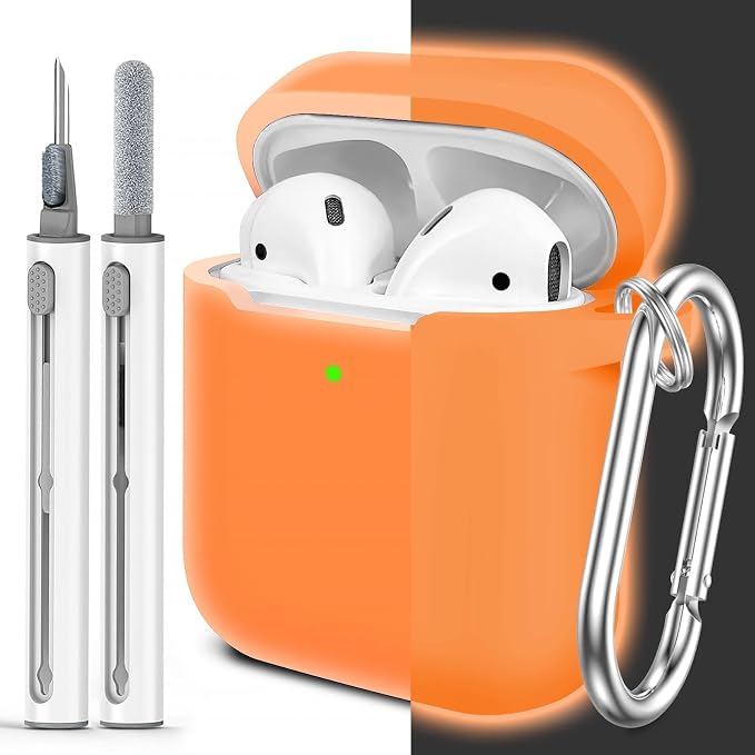 for AirPods Case Cover, Come with Cleaner Kit, Soft Silicone Protective Cover with Buckle, Compatible with Apple AirPods 2nd 1st Generation Charging Case, Front LED Visible, Luminous Orange