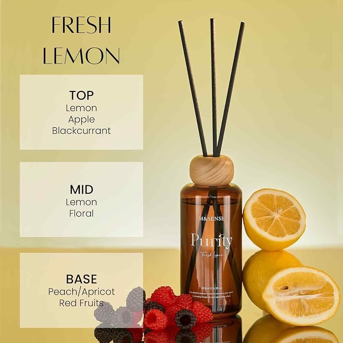 M&SENSE Reed Diffuser Set, Fresh Lemon, 6.3 oz Natural Essential Oil | Non-Toxic Organic, Long-Lasting Fragrance, Ideal for Kitchen, Home Office, Gifts for Women
