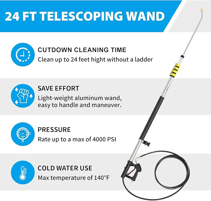 24 FT Telescoping Pressure Washer Wand Extension with Brush Head | Aluminum Power Washer Extension Wand with 5 Nozzle Tips, 2 Adapters, Harness, Gutter Cleaning Tools from The Ground