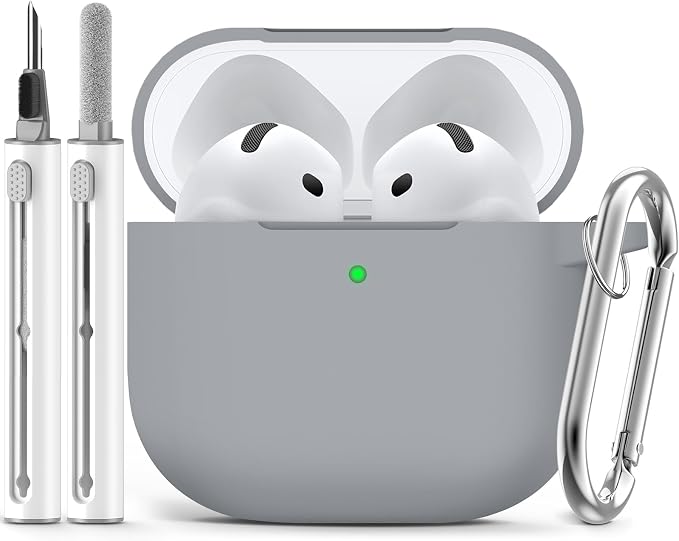 Ljusmicker for AirPods 4 Case 2024 with Cleaner Kit,Soft Silicone Protective Cover for Apple AirPods 4th Generation Cases for Women Men,for AirPod 4 Case Accessories with Keychain-Light Grey