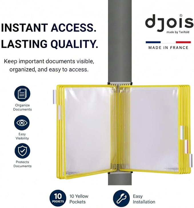 Tarifold Wall Mount Reference System, 10 Pockets, Expandable, Yellow | 10 double-sided PVC pockets hold 20 letter-size sheets, sturdy wall-mount bracket, snap-on index tabs, easy to install