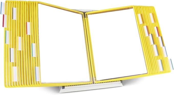 Tarifold Desktop Reference Display System, 30 Pockets, Expandable, Yellow | 30 double-sided PVC pockets, holds 60 letter-size sheets, sturdy metal base, quick-find indexing, quick and easy to assemble