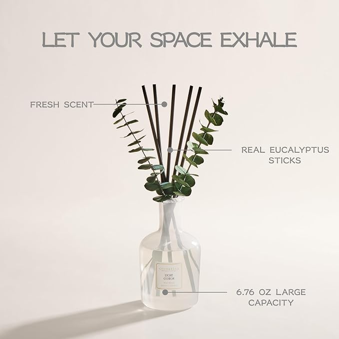 Light Cotton Reed Diffuser, 6.76 oz | Real Dried Eucalyptus Leaves, 8 Reeds, Long-Lasting Essential Oil, Home Fragrance, Bedroom or Bathroom Décor