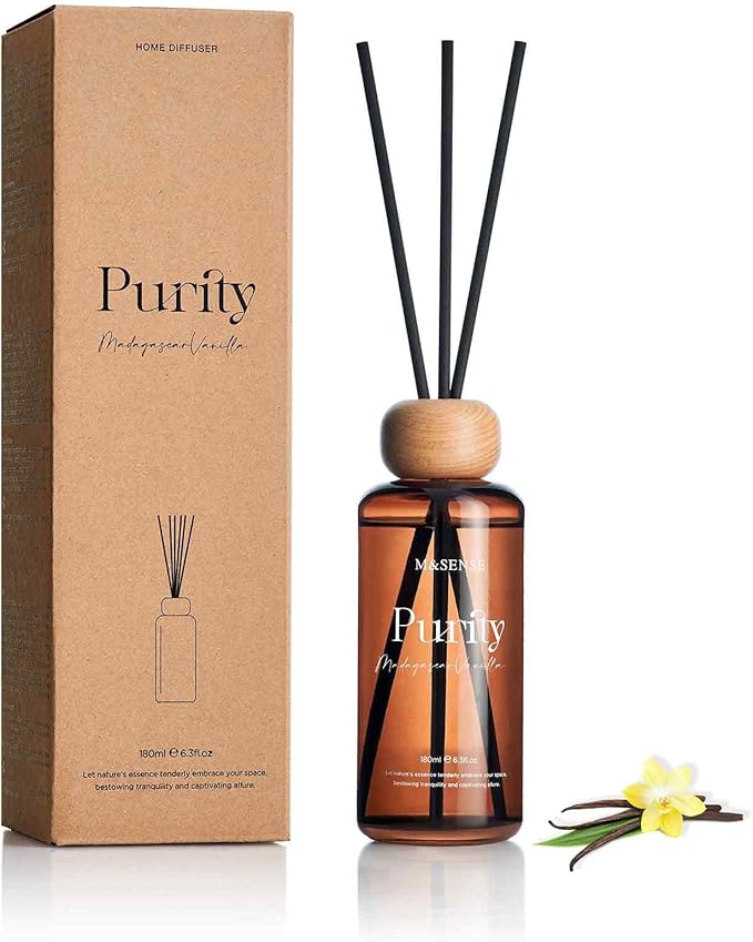 M&SENSE Reed Diffuser, Madagascar Vanilla, 6.3 oz Natural Essential Oil | Non-Toxic Organic, Long-Lasting Fragrance, Ideal for Living Room, Bedroom, Gifts for Women