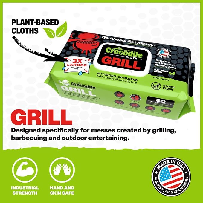Crocodile Cloth Grill Plant-Based Food Safe Cleaning Wipes, 80 Count | Safe on Skin & Multiple Surfaces, Infused with Aloe & Vitamin E, Large, Pre-Moistened & Absorbent