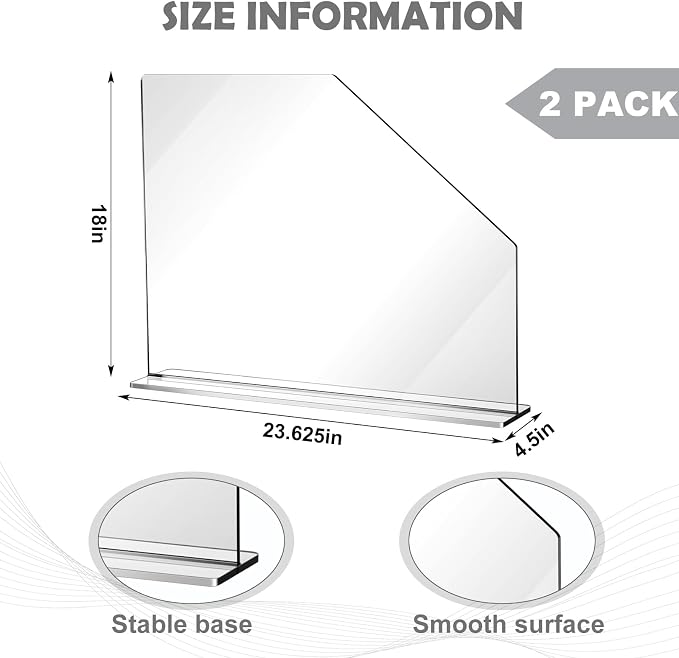 Vesici 2 Pcs Clear Acrylic Sink Splash Guard Freestanding Panel Barrier with Easy Reach Cutaway Kitchen Guard Protective Splatter Barrier for Home Hospital(23.625" Length, 18" Height, 4.5" Base)