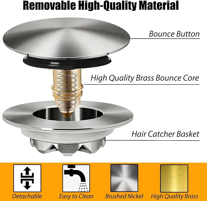 Anlige Bathtub Drain Stopper, Pop Up Tub Stopper and Cover, Bottom with Hair Catcher, Universal for 1.45 in to 1.8 in Drain, Replaces Old Drain Plug, Brushed Nickel