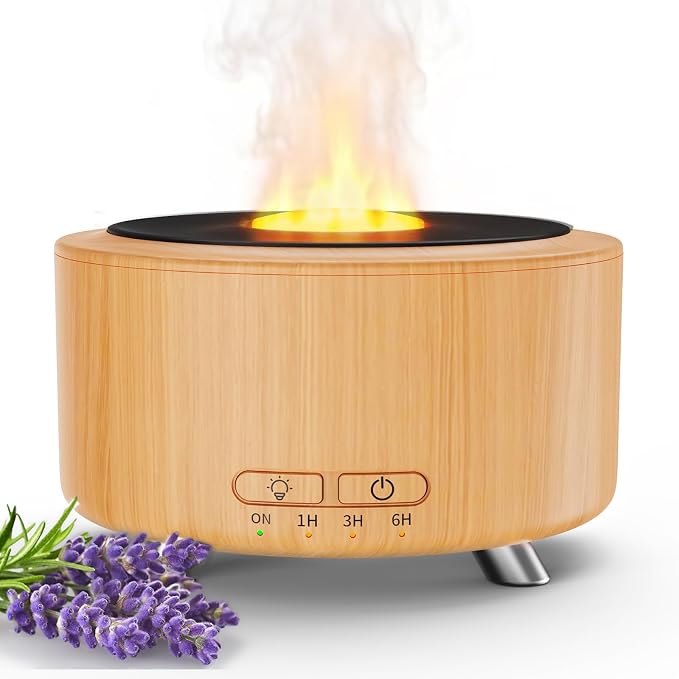 500ML Retro Vinyl Essential Oil Diffuser for Home | 3D flame effect & 9 colors. 500ml tank lasts 14H for deep sleep. BPA-free with auto-off ensures safety for babies and pets.