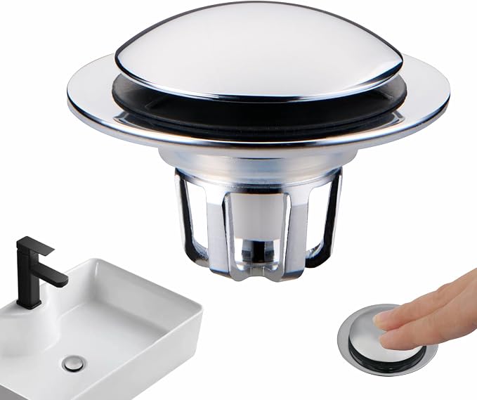 Pop Up Sink Drain Stopper Hair Catcher - Chrome 1 Pack | Polished chrome sink stopper, Fits 1-1/8 & 1-1/2 drains, Premium drain plug, Brass basket filter, Easy clean tool free.
