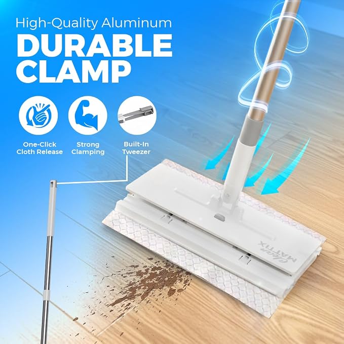 FlexiClamp Sweep & Mop Kit - Durable Cleaning Tool for Hardwood, Tile, Marble & Laminate Floors, Home, Kitchen Cleaning Essentials. (Include 10 Dry Cloths)