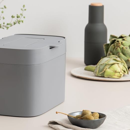 KAZAI. Compost Bin Kitchen 'Elin' | 1.2 GAL / 4.5L Countertop Compost Bin with Lid & Carbon Filter | Odor-Free, Dishwasher Safe, with Inner Bucket | Small Indoor Kitchen Composter | Stone-Gray