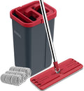 BOSHENG Hands-Free Mop and Bucket Set with 3 Washable Pads, Wet/Dry Floor Cleaning System, Red/Black