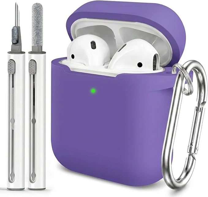 for AirPods Case Cover, Come with Clean Pen，Soft Silicone Protective Cover with Buckle for Women Men Compatible with AirPods 2nd 1st Generation Charging Case, Front LED Visible,Purple