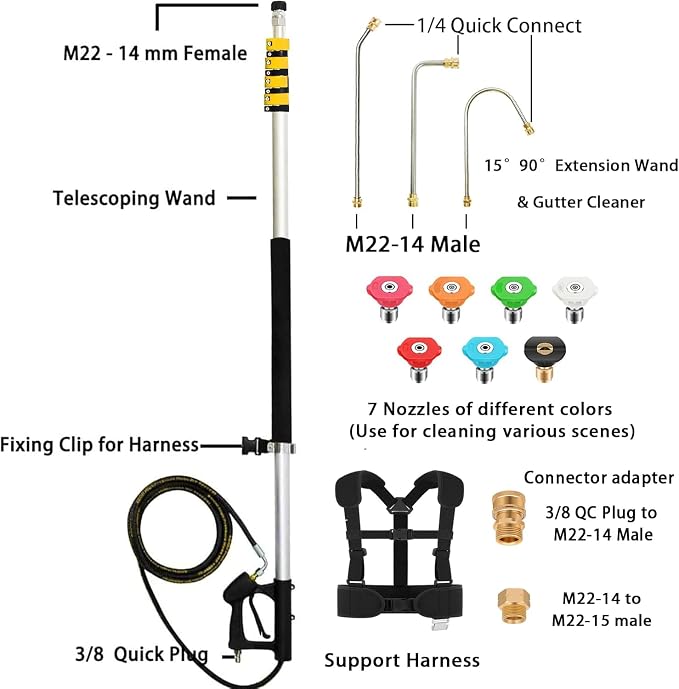 24FT Aluminum Telescoping Pressure Washer Wand with Power Washer Extension Wand, Gutter Cleaner Attachment, Brush Head, 7 Spray Nozzle Tips, Hose Inlet Adapters and Support Harness