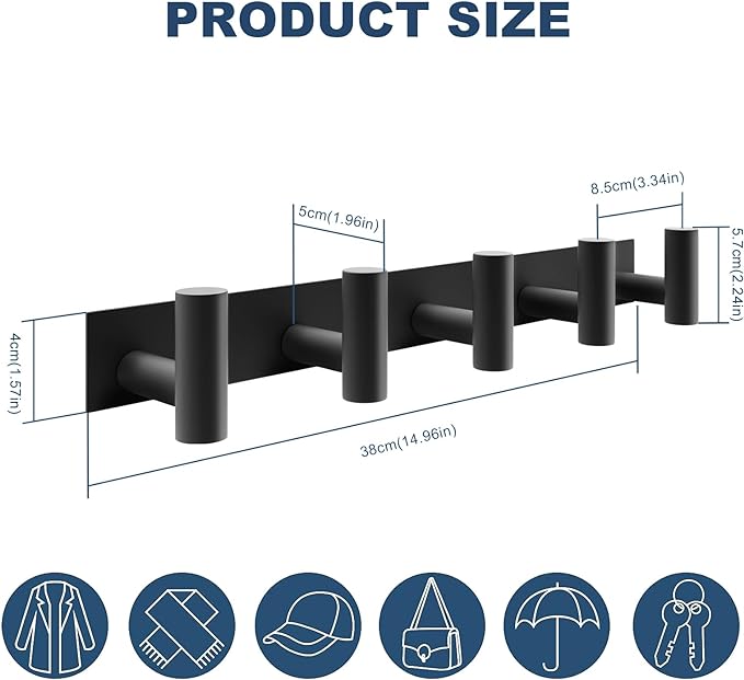 PMMASTO Coat Rack Wall Mounted, 5 "T Shaped Wall Hooks for Hanging, Heavy Duty Stainless Steel Coat Hook Rail for Hat Towel Robes in Bathroom Kitchen Mudroom Entryway (Black, 2 Pack)