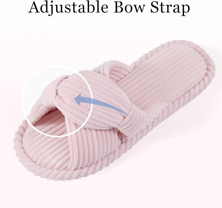 Evshine Summer House Slippers for Women Corduroy Cross Bow Indoor Slippers Open Toe Slip On Bedroom Shoes with Memory Foam