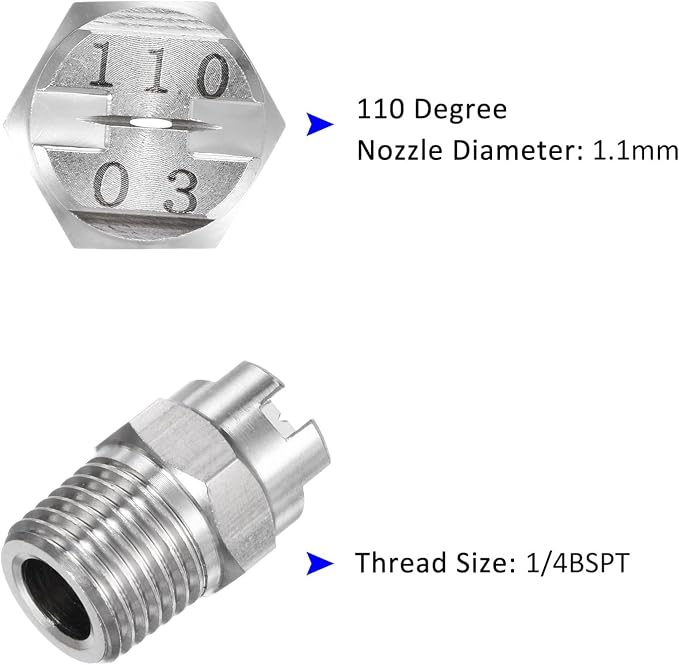 M METERXITY 5-Pack Flat Fan Spray Tip, 110 Degree 1/4BSPT Male Stainless Steel Pressure Washer Nozzles Cleaner Nozzle Replacement W Sealing Tape for Water Guns (1.1mm Orifice)