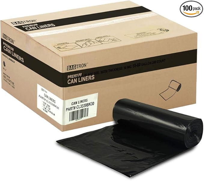 33 Gallon Trash Bags, 30 Micron Heavy Duty Pure LDPE Garbage Can Liners, 33" x 39" Large, Black, 100 Count