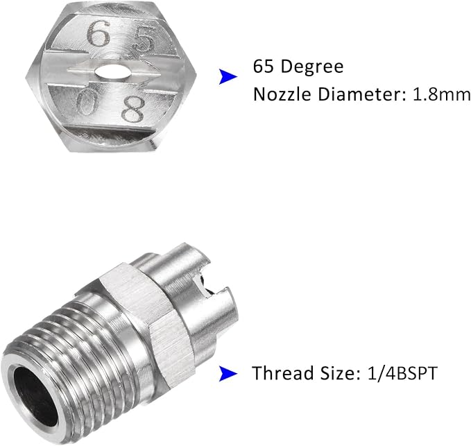M METERXITY 5-Pack Flat Fan Spray Tip, 65 Degree 1/4BSPT Male Stainless Steel Pressure Washer Nozzles Cleaner Nozzle Replacement W Sealing Tape for Water Guns (1.8mm Orifice)