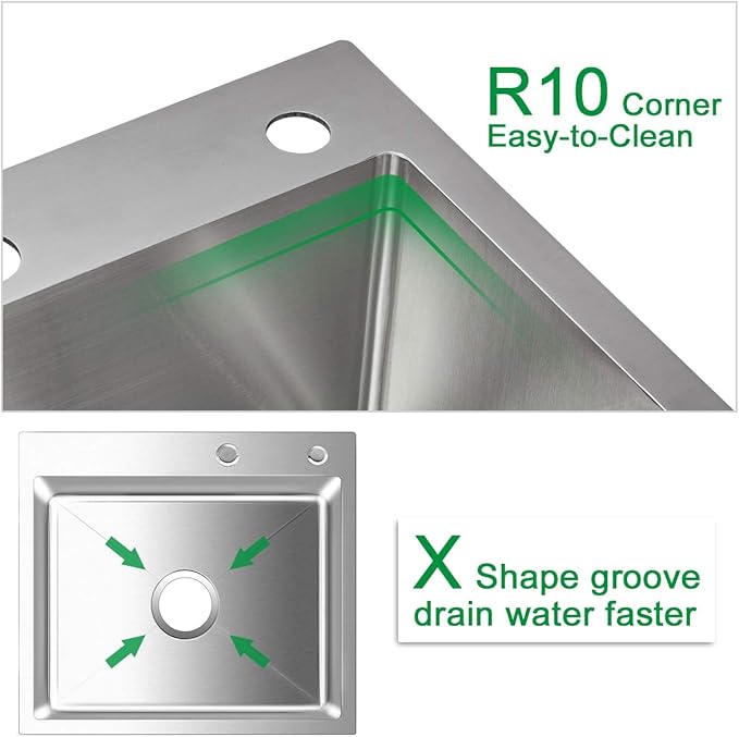 21.6x17.7 inch Drop in Kitchen Sink, Handmade 304 Stainless Steel Sink with 2 Holes, 8.6" Deep Single Bowl, R10 Tight Radius, Topmount Kitchen Sink with Basket Strainer Drain, Brushed