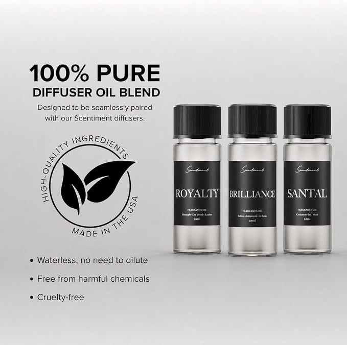 Scentiment Designer Scents - 3 Hotel Diffuser Oil Set-3 x 0.68 fl oz(20 mL) | Royalty, Brilliance, Santal, Pineapple -Saffron & Cardamom Blends,Luxury Hotel-Inspired Fragrance Oils for Cold Air Diffusers