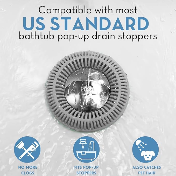 TubRing Pop-Up Drain Protector & Strainer Silicone Hair Catcher, Gray | Easy snap-in design fits around bathtub stoppers. Customizable utility guard for clog prevention. Fits 1.85"- 2.16" drains.