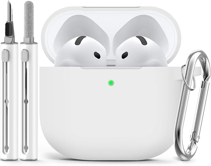 Ljusmicker for AirPods 4 Case 2024 with Cleaner Kit,Soft Silicone Protective Cover for Apple AirPods 4th Generation Cases for Women Men,for AirPod 4 Case Accessories with Keychain-White