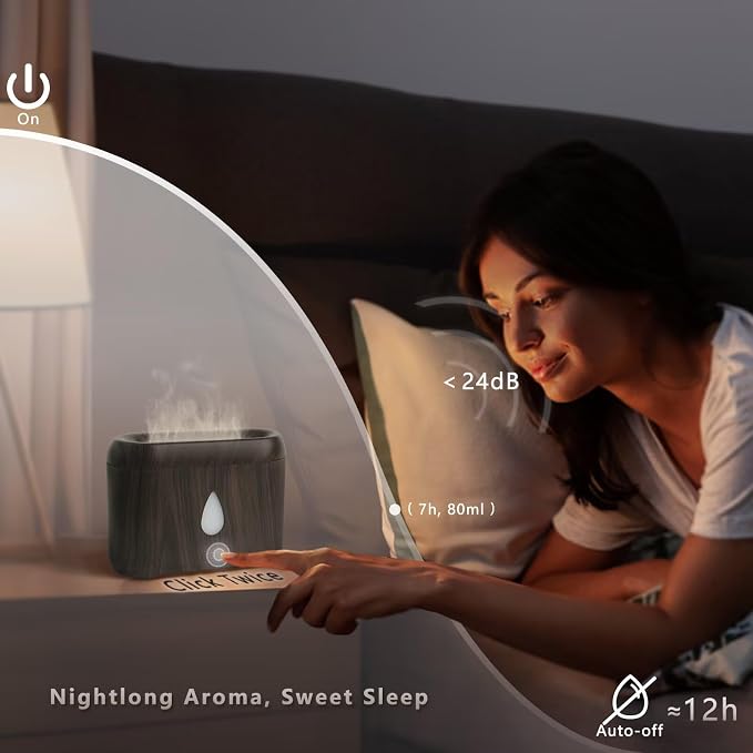 Flame Diffuser for Essential Oils, 200ml Ultrasonic Aroma Diffusers with Cool Mist, Aromatherapy Diffuser with Auto-Off Protection, Small Humidifier for Home,Office,Bedroom,Gift (7 Colors Darkwood)
