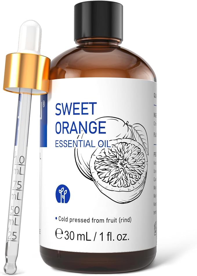 HIQILI Sweet Orange Essential Oil for Diffusers & Skin Care | Aromatherapy for Relax & Air Freshening, DIY Citrus Perfume, Cleaning Spray, Candle & Soap Making - 30mL / 1.01 fl oz