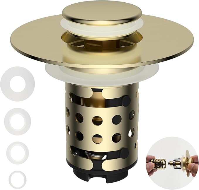 Universal Bathroom Sink Drain Stopper Hair Catcher, Brushed Gold | Upgraded with 2-Layer Detachable Filter Basket, 4 in 1 Pop Up Drain Strainer, Anti-Clog, Fit for 1.1''~2.36'' Sinks