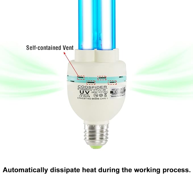 36 Watts UVC Light Bulb, UV Lamp for Basement/Storehouse/Car, E26 110V CTUV-36 (Ozone Free)