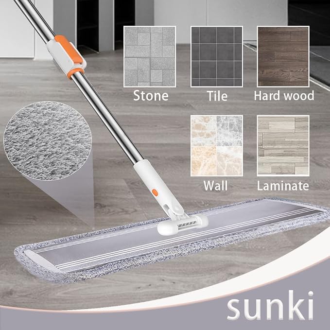 Flat Dust Mop 32 in Commercial Microfiber Mop Floors Heavy Duty | Large Mop with 4 Premium Microfiber Cloths Wet mop Washable Reusable Pads Adjustable Long Handle