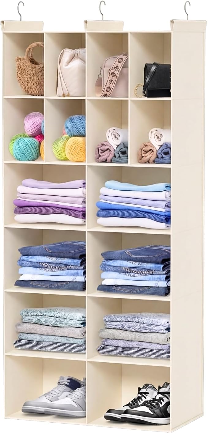 6 Tier Hanging Closet Organizer, 16 Compartments Dual Row Storage, Beige | Closet Organizers and Storage with Large & Small Pockets, 3 Sturdy Hooks Support Heavy Loads, Ideal for Dorm, Garment Rack