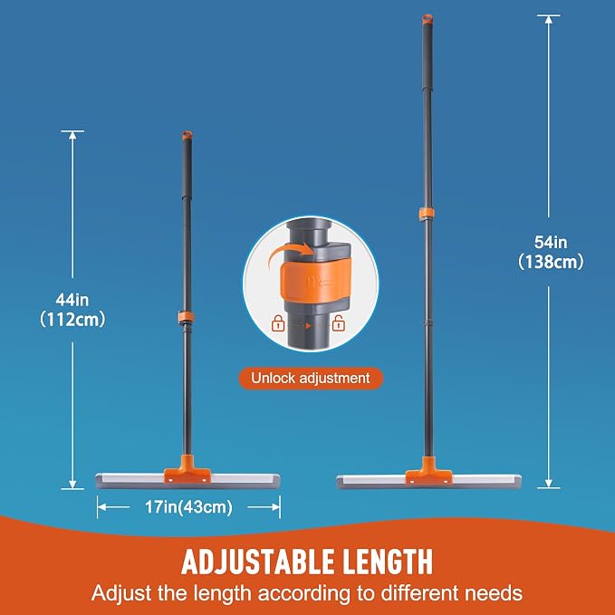 CLEANHOME Rubber Floor Squeegee with Extendable Long Handle | Concrete Floor, Tile Floor, Metal Aluminium Head, Heavy Duty Garage Shower Floor Squeegee Broom for Removing Water