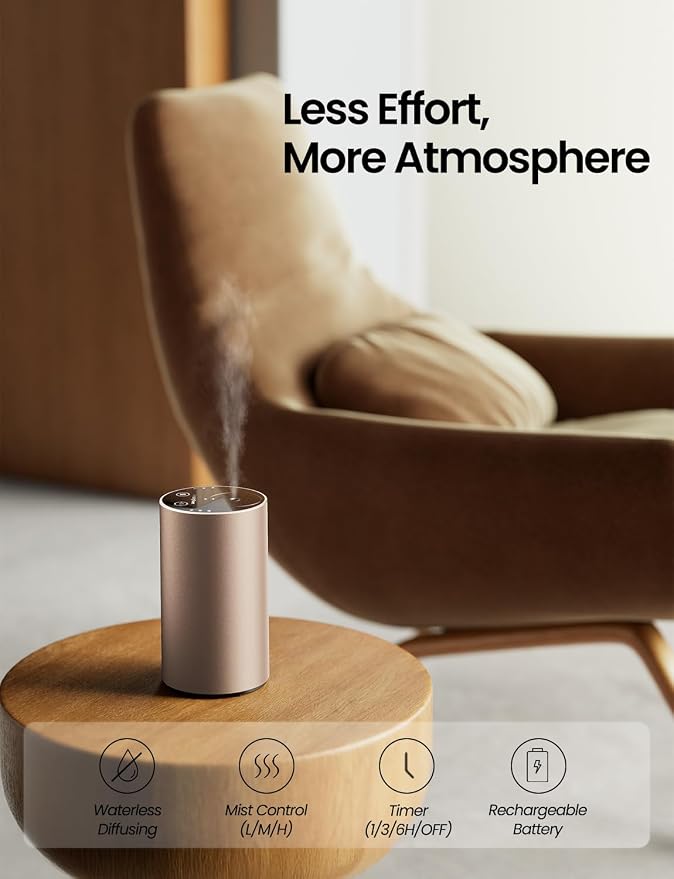 Waterless Essential Oil Diffuser, Car Scent Diffuser, Desert Titanium | Premium Aluminum Alloy Housing, Cordless, 3 Mist Levels, Timers, Portable Aromatherapy Diffuser for Home, Car & Office