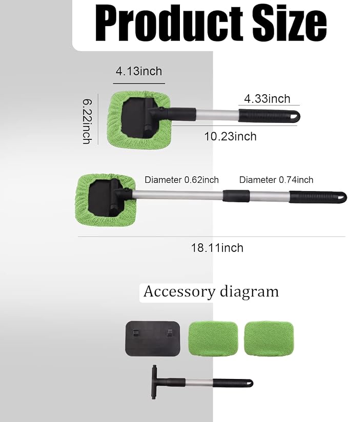 Car Glass Cleaner Wiper,Windshield Cleaning Tool, Microfiber Window Cleaner with Extendable Handle,Auto Glass Wiper Kit(Green Square)