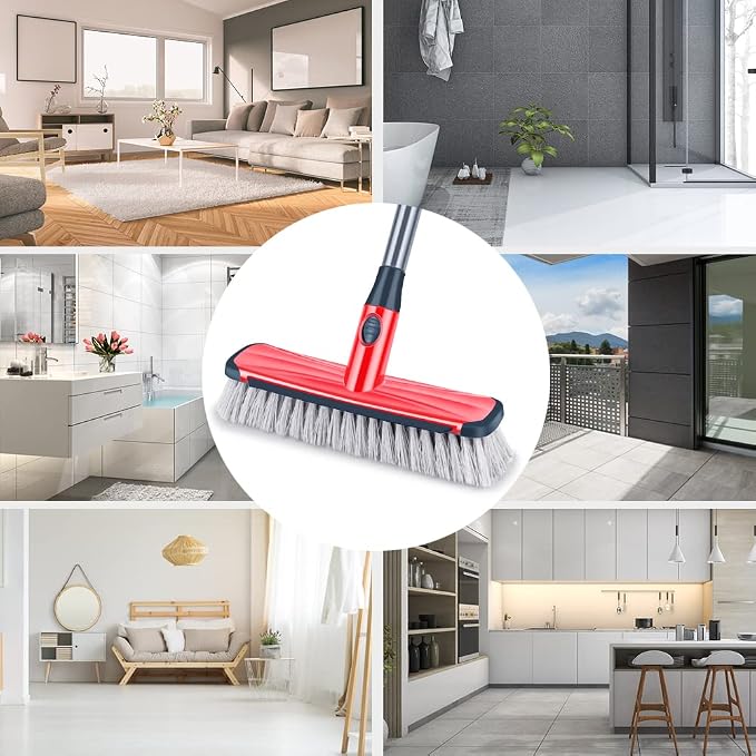 Floor Scrubber with Long Handle, 2 in 1 Scrubbing Brush Stiff Bristle Shower Cleaning Brush for Bathroom, Kitchen, Tub, Carpet, Grout, Tile(Red)