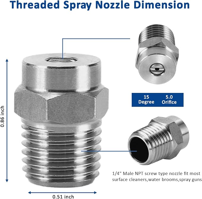 4 Pack Surface Cleaner Replacement Nozzle Tips 15° 5.0 Orifice 1/4"NPT | Stainless Steel, Max 4000 PSI, High Pressure Surface Cleaner Nozzle, Compatible with Water Broom & Undercarriage Washer