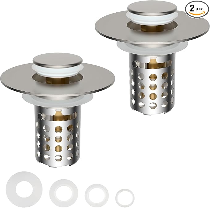 2PCS Universal Bathroom Sink Drain Strainer Hair Catcher, Brushed Nickel | Upgraded with Removable Stainless Steel Filter Basket, 3 in 1 Pop Up Sink Stopper for 1.1''~2.36'' Sink Basin Hole