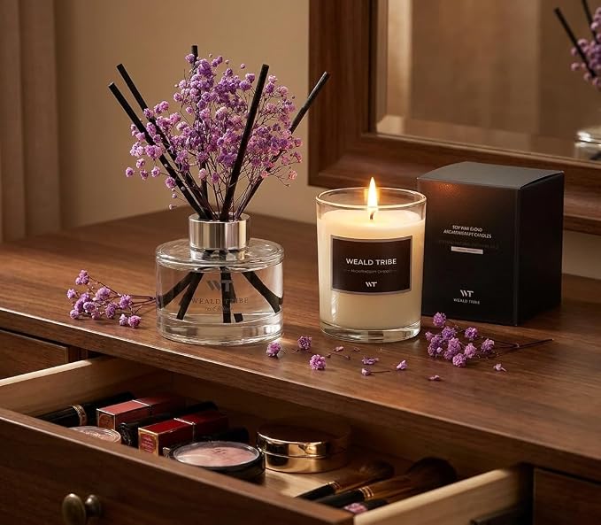 Flower Reed Diffuser Set Lavender Scent for Bathroom Accessories Shelf Decor & Air Fresheners, Sticks Defusers with 5.1 fl oz Essential Oils & Leaves, House Bedroom Office Decor & Gifts