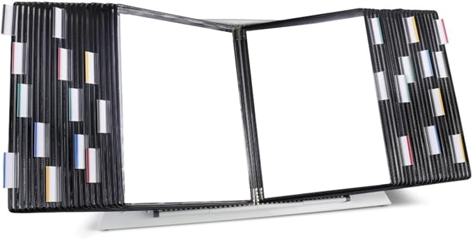 Tarifold Desktop Reference Display System, 40 Pockets, Expandable, Black | 40 double-sided PVC pockets, holds 80 letter-size sheets, sturdy metal base, quick-find indexing, quick and easy to assemble