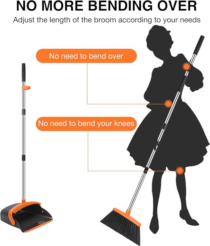 NACENA Broom and Dustpan Set, 52-in Long Adjustable Handle Broom Dustpan Combo with Dustpan Teeth to Automatically Clean Hair Suitable for Home Kitchen Office Hall Floor (Black&Orange), 4 Pack