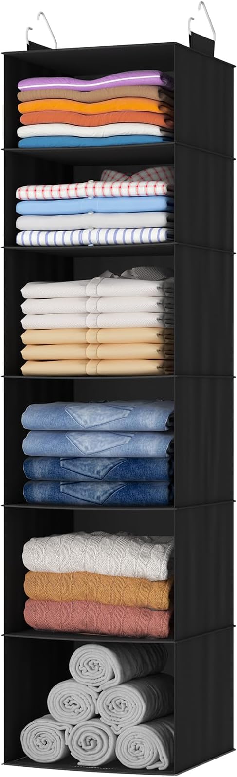 Lifewit 6 Tier Hanging Portable Closet Storage Organizer for Shelves, Black | Foldable Clothes Shelf with 2 Sturdy Hooks, Sweater/Coat/Shoes Clothing Organization for Wardrobe, Dorm, Bedroom