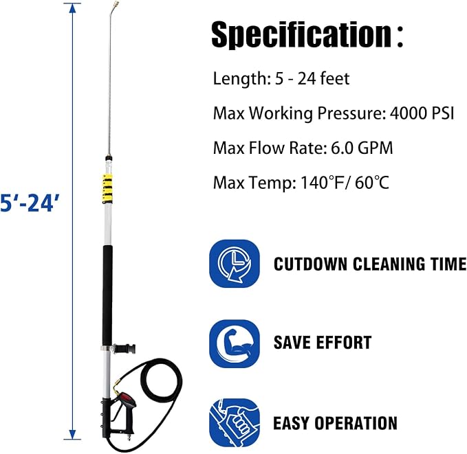 RAYNEL 24FT Telescoping Pressure Washer Wand, Power Washer Attachment | Light-Weight Aluminum Pole With Extension Wand, Gutter Cleaner, Brush Head, 5 Spray Nozzles, Support Belt & 2 Hose Adapters