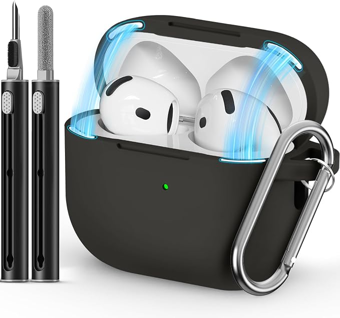 Ljusmicker for AirPods 4 Case 2024 with Cleaner Kit,Soft Silicone Protective Cover for Apple AirPods 4th Generation Cases for Women Men,for AirPod 4 Case Accessories with Keychain-Magnetic Black