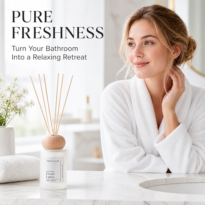 Fresh Linen Reed Diffuser, 3.5 Fl Oz | Lasts 12 Weeks, Flameless&Safe. Perfect for Bedroom/Living Room. Natural Oils, Gift