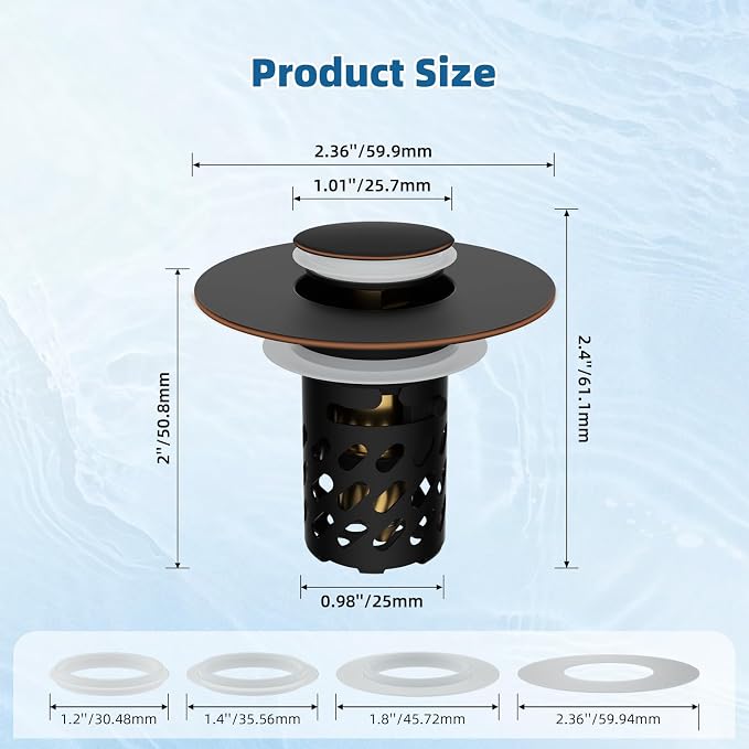 iFealClear All Metal Bathroom Sink Stopper, Pop Up Sink Drain Strainer with Removable Stainless Steel Filter Basket, Universal for 1.1"-2.36" Sink, Brass Bounce Core, Hair Catcher, Oil Rubbed Bronze