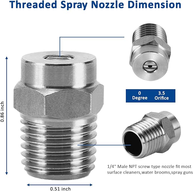 4 Pack Surface Cleaner Replacement Nozzle Tips 0° 3.5 Orifice 1/4"NPT | Stainless Steel, Max 4000 PSI, High Pressure Surface Cleaner Nozzle, Compatible with Water Broom & Undercarriage Washer